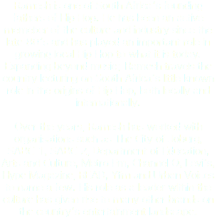 Ramesh is one of South Africa's founding fathers of Hip Hop. He has been an active memeber of the culture and industry since the late 80's and has played an important role in growing local Hip Hop to what it is today. Expanding beyond music; Ramesh travels the country lecturing on South Africa's little known role in the origins of Hip Hop, both locally and internationally. Over the years, Ramesh has worked with organisations such as The City of Joburg, SABC 1, SABC 2, Department of Education, Arts and Culture, Metro Fm, Channel O, Levi's, Hype Magazine, READ, Yfm and Urban Voices to name a few. His role as a leader within the culture has given rise to many other brands on the country's entertainment landscape. 